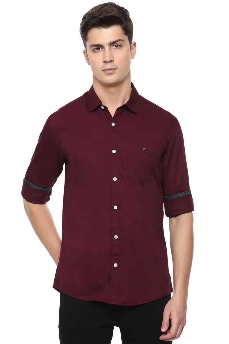 LOUIS PHILIPPE قميص رجالي من قطن لويس فيليب بقصة ضيقة (LRSFCSLPE10483_Maroon, 40) - Image 1