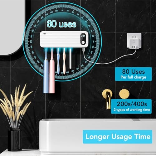 StarWin Toothbrush Cleaner, 5 Slots Wall Mounted Toothbrush Holder for Bathroom, Timer Function, Cordless & No Drilling - Image 4