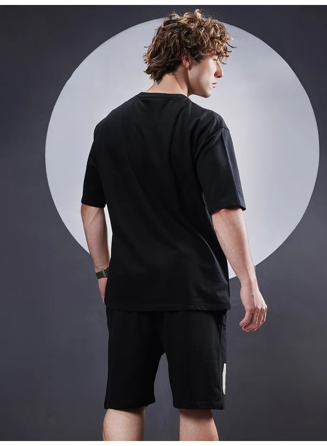 Maniac Mens Unique Printed Round Neck Half Sleeve Black and Biscuit Cotton Tracksuit