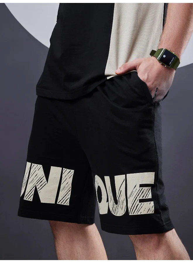 Maniac Mens Unique Printed Round Neck Half Sleeve Black and Biscuit Cotton Tracksuit