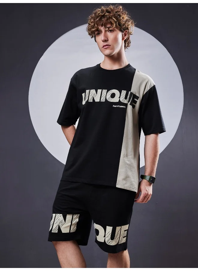 Maniac Mens Unique Printed Round Neck Half Sleeve Black and Biscuit Cotton Tracksuit