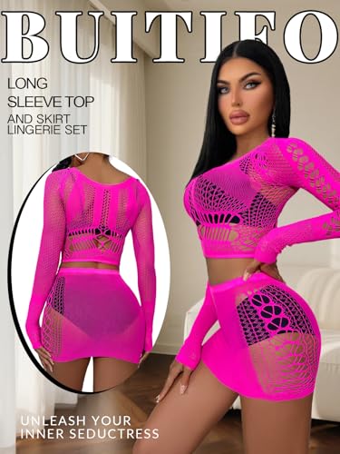 Buitifo Sexy Lingerie for Women Fishnet Babydoll Nightwear Exotic Top and Mini Skirt Set(M,RoseRed) - Image 3
