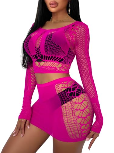 Buitifo Sexy Lingerie for Women Fishnet Babydoll Nightwear Exotic Top and Mini Skirt Set(M,RoseRed) - Image 1