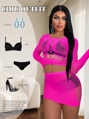 Buitifo Sexy Lingerie for Women Fishnet Babydoll Nightwear Exotic Top and Mini Skirt Set(M,RoseRed) - Image 5