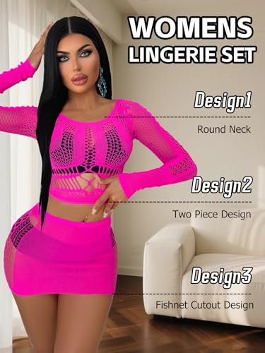Buitifo Sexy Lingerie for Women Fishnet Babydoll Nightwear Exotic Top and Mini Skirt Set(M,RoseRed) - Image 2