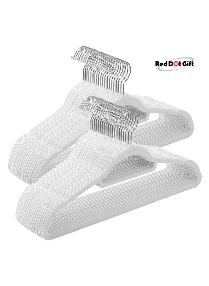 Red Dot Gift 100 Pieces White Non-Slip Velvet Clothes Hanger with silver 360 Degree Rotatable Hook,Durable and Slim - Image 1