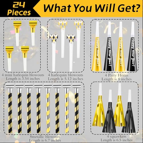 Demonwer 24 Pcs New Year Party Blowers Horns Set Musical Paper Noisemakers Glitter Fringed Metal Blowouts Colorful Whistles for New Years Eve Party Supplies - Image 5
