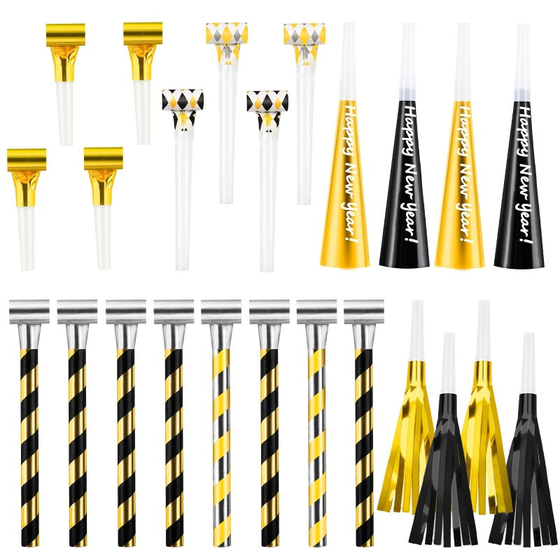 Demonwer 24 Pcs New Year Party Blowers Horns Set Musical Paper Noisemakers Glitter Fringed Metal Blowouts Colorful Whistles for New Years Eve Party Supplies - Image 3