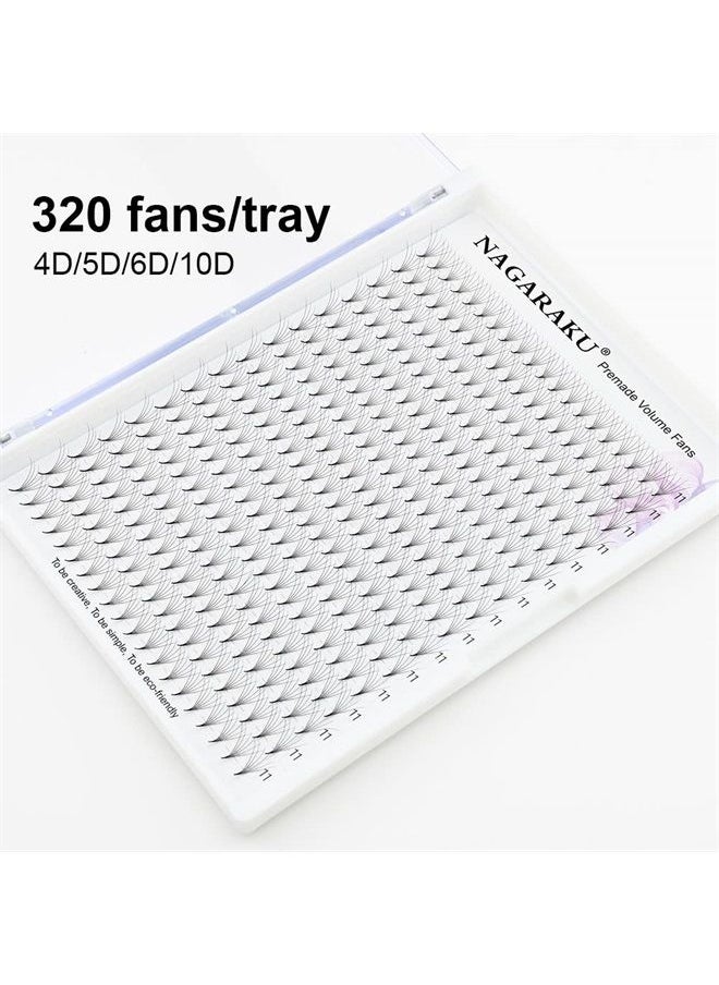 Premade Fans Eyelash Extensions 320 Fans 6D Volume 0.07mm C curl 9-14mm Mix Tray Sharp Narrow Stem Clusters Thin Pointy Base Russian Pre Fanned Fluffy Matte Black