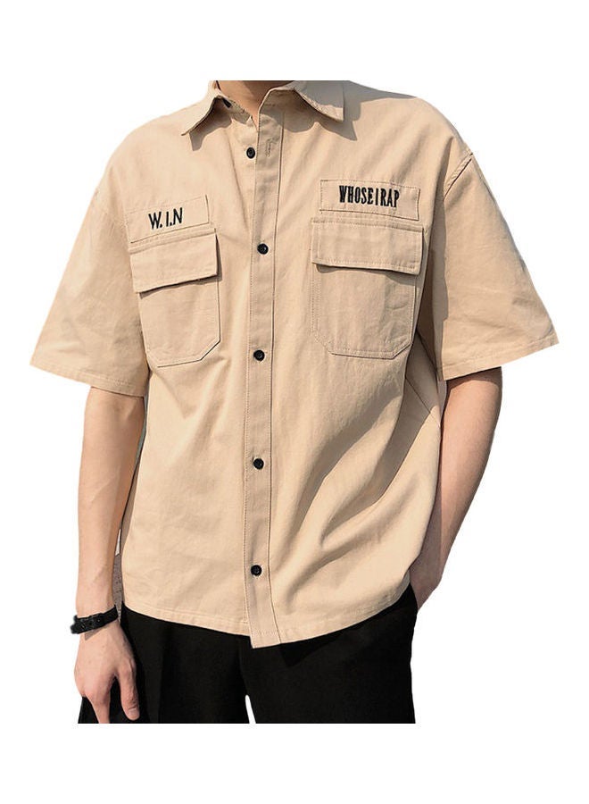 NIBEMINENT Short Sleeve Tooling Shirt Turn-Down Collar Summer Men Loose Casual Top Workwear Khaki  - Image 1