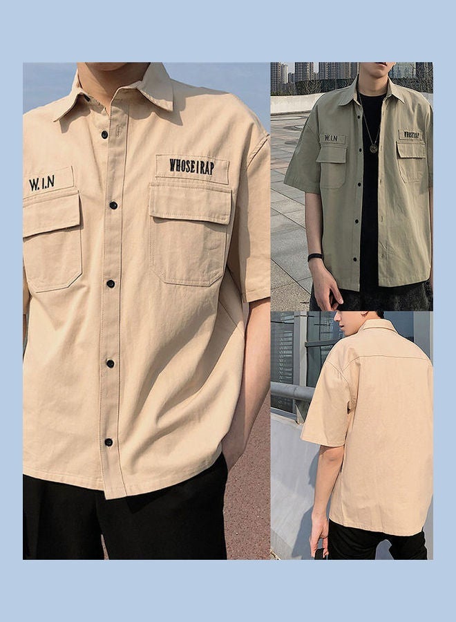 NIBEMINENT Short Sleeve Tooling Shirt Turn-Down Collar Summer Men Loose Casual Top Workwear Khaki  - Image 5