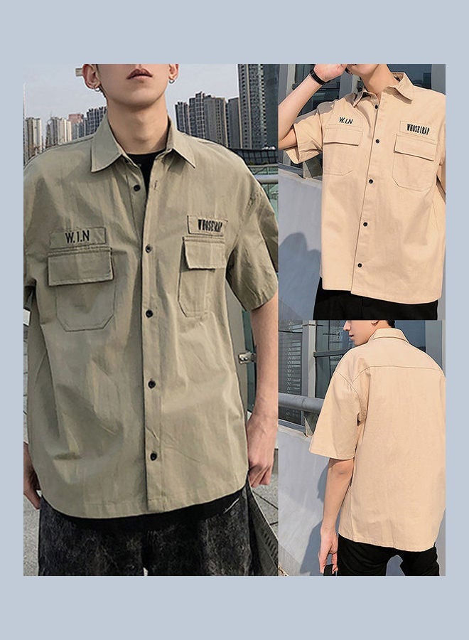 NIBEMINENT Short Sleeve Tooling Shirt Turn-Down Collar Summer Men Loose Casual Top Workwear Khaki  - Image 4