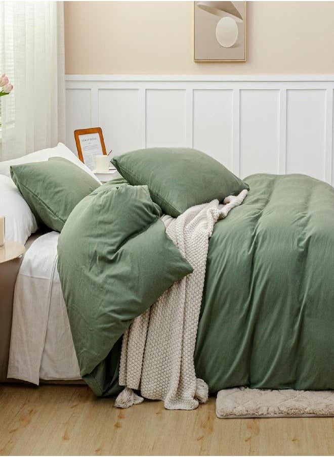 JELLYMONI JELLYMONI Green 100% Washed Cotton Duvet Cover Set, 2 Pieces Luxury Soft Bedding Set with Zipper Closure. Solid Color Pattern Duvet Cover Twin Size(No Comforter)  - Image 3