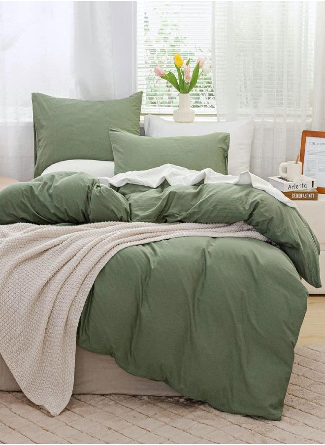 JELLYMONI JELLYMONI Green 100% Washed Cotton Duvet Cover Set, 2 Pieces Luxury Soft Bedding Set with Zipper Closure. Solid Color Pattern Duvet Cover Twin Size(No Comforter)  - Image 1