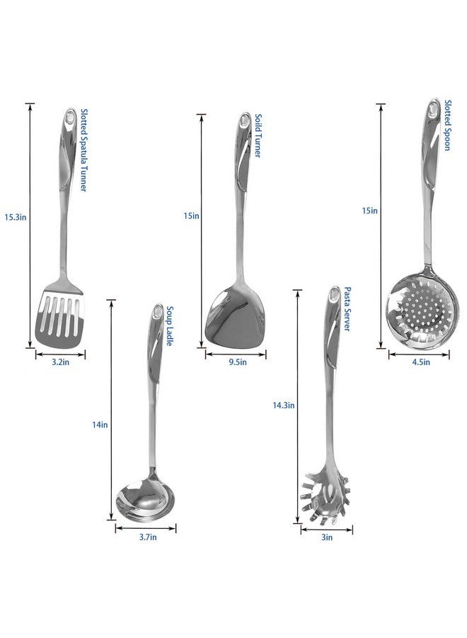IMEEA 5-Piece Kitchen Utensils Set SUS304 Stainless Steel Cooking Utensils Set Includes Spatula, Soup Ladle, Slotted Spatula, Pasta Server & Skimmer - Image 2