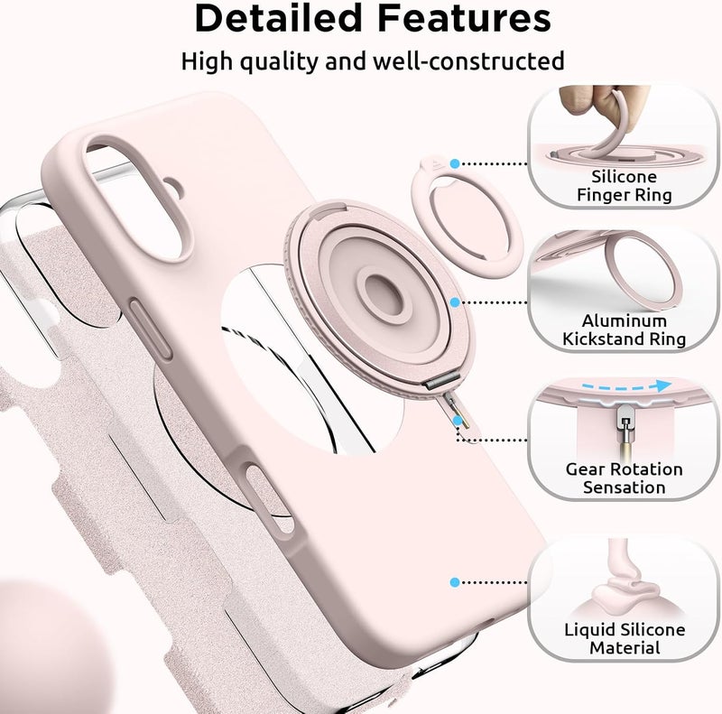 SURPHY for iPhone 16 Plus Case With Rotable Magnetic Ring Stand and Silicone Finger Ring Grip, Compatible with MagSafe, Slim Shockproof Phone Case for iPhone 16 Plus 6.7 Inch, Light Pink - Image 5