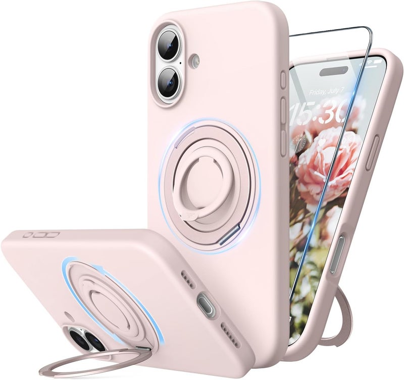 SURPHY for iPhone 16 Plus Case With Rotable Magnetic Ring Stand and Silicone Finger Ring Grip, Compatible with MagSafe, Slim Shockproof Phone Case for iPhone 16 Plus 6.7 Inch, Light Pink - Image 1