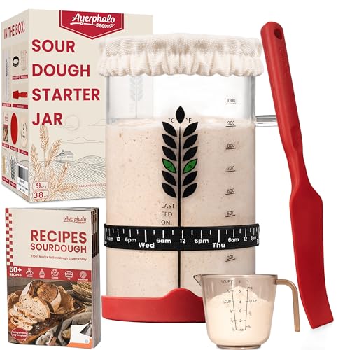 Ayerphalo Sourdough Starter Kit - 38oz with Cookbook, Measuring Cup, Spatula, Wide Mouth Jar Cover, Thermometer, Date Marked Feeding Band, Glass Jar for Baker, Bread Baking Supplies - Image 1