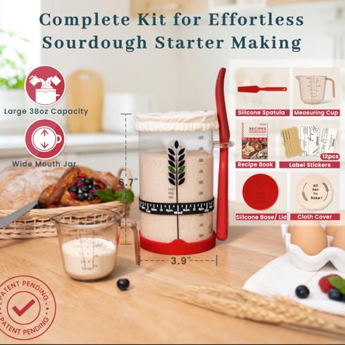 Ayerphalo Sourdough Starter Kit - 38oz with Cookbook, Measuring Cup, Spatula, Wide Mouth Jar Cover, Thermometer, Date Marked Feeding Band, Glass Jar for Baker, Bread Baking Supplies - Image 2