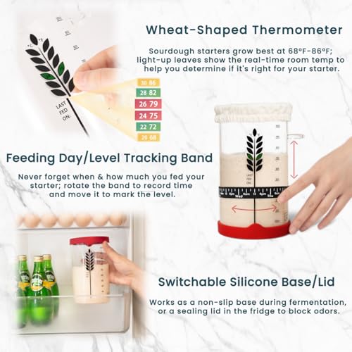 Ayerphalo Sourdough Starter Kit - 38oz with Cookbook, Measuring Cup, Spatula, Wide Mouth Jar Cover, Thermometer, Date Marked Feeding Band, Glass Jar for Baker, Bread Baking Supplies - Image 3
