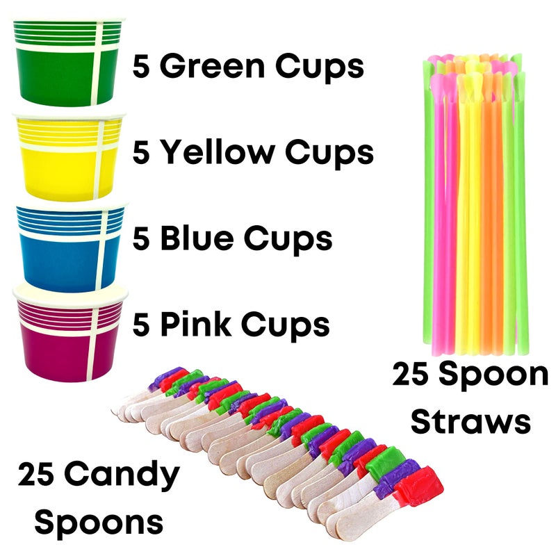 Concession Essentials Heavy Duty 12oz Snow Cone Cups with 8"" Neon Spoon Straws and Candy Spoons  Yellow  Pink  Green  Blue (YPGB20CT)  70 Piece Set - Image 1