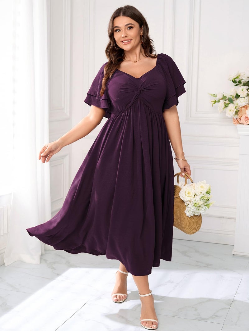 SCOMCHIC Women's Plus Size Wedding Guest Cocktail Dresses Sweetheart Neckline Ruffle Sleeve A Line Maxi Dress Purple - Image 4
