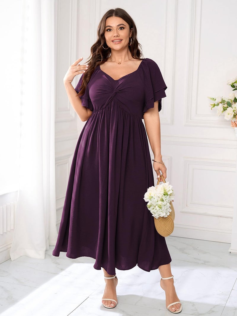 SCOMCHIC Women's Plus Size Wedding Guest Cocktail Dresses Sweetheart Neckline Ruffle Sleeve A Line Maxi Dress Purple - Image 5