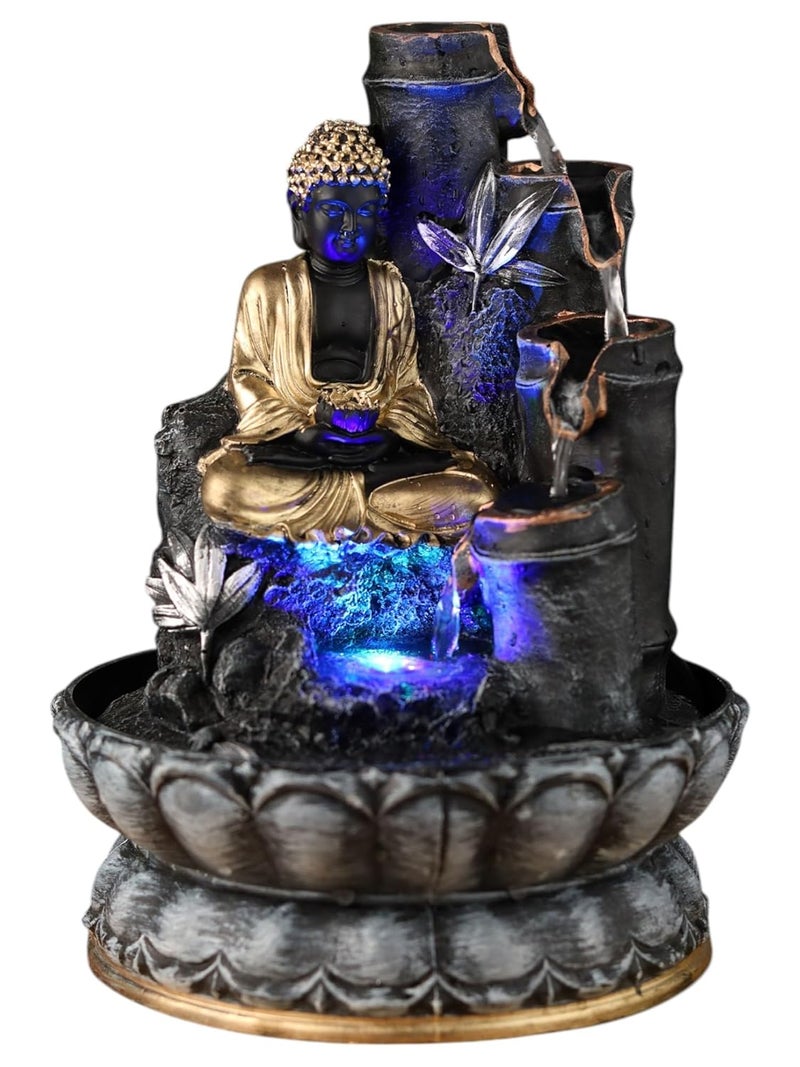 VIVARS Resin Buddha Water Fountain with LED Light 3Tier Indoor Water Fountain for Home Decor Decoration Showpiece Black - Image 1