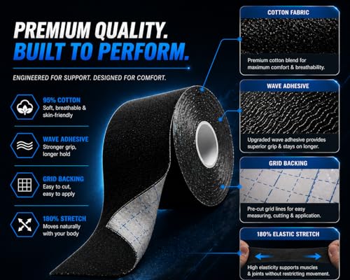 JLB Kinesiology Tape – 2 Rolls, 2 in x 16 ft – KT Tape for Shoulder, Knee, Wrist & Ankle – Waterproof Athletic Tape – Latex-Free Sports Tape for Pain Relief, Muscle Support & Physical Therapy (Black) - Image 3