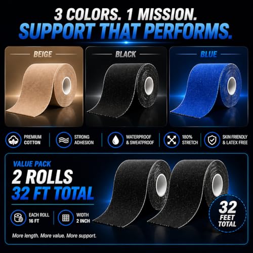 JLB Kinesiology Tape – 2 Rolls, 2 in x 16 ft – KT Tape for Shoulder, Knee, Wrist & Ankle – Waterproof Athletic Tape – Latex-Free Sports Tape for Pain Relief, Muscle Support & Physical Therapy (Black) - Image 4