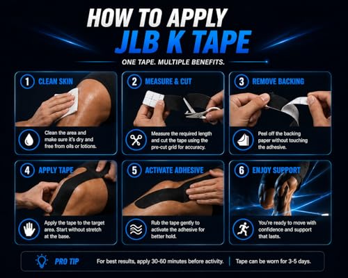 JLB Kinesiology Tape – 2 Rolls, 2 in x 16 ft – KT Tape for Shoulder, Knee, Wrist & Ankle – Waterproof Athletic Tape – Latex-Free Sports Tape for Pain Relief, Muscle Support & Physical Therapy (Black) - Image 5