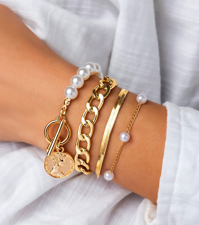 FUTIMELY Gold Pearl Bracelet for Women,Layered Chain Link Pearl Stack Bracelet Set for Woman,Herringbone Paperclip Portrait Charming Bracelet Jewelry (XPearl - Image 3