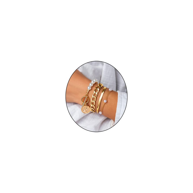 FUTIMELY Gold Pearl Bracelet for Women,Layered Chain Link Pearl Stack Bracelet Set for Woman,Herringbone Paperclip Portrait Charming Bracelet Jewelry (XPearl - Image 1