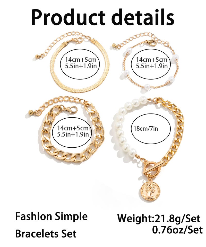 FUTIMELY Gold Pearl Bracelet for Women,Layered Chain Link Pearl Stack Bracelet Set for Woman,Herringbone Paperclip Portrait Charming Bracelet Jewelry (XPearl - Image 2