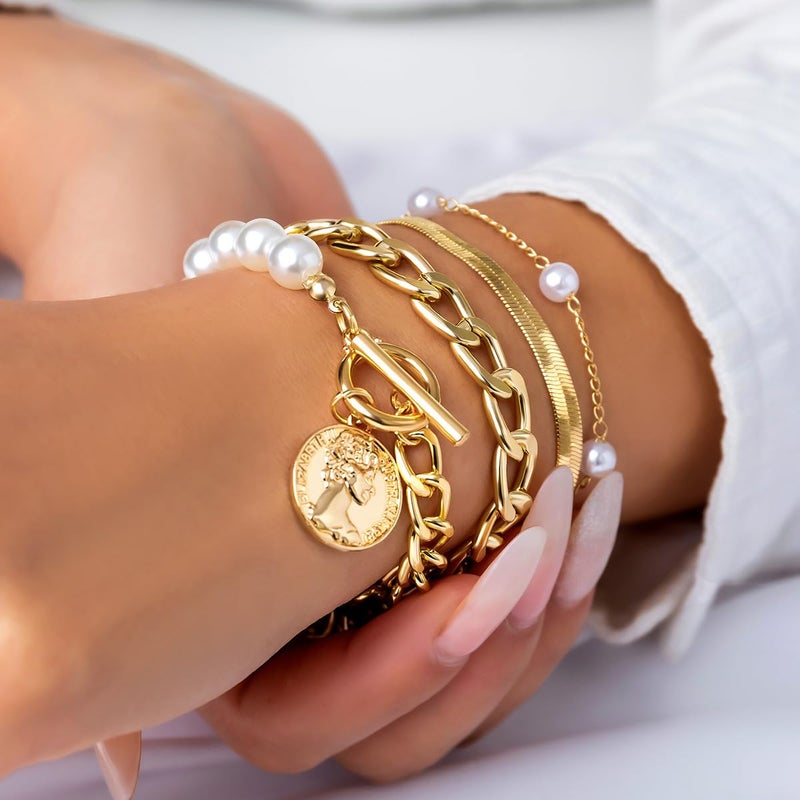 FUTIMELY Gold Pearl Bracelet for Women,Layered Chain Link Pearl Stack Bracelet Set for Woman,Herringbone Paperclip Portrait Charming Bracelet Jewelry (XPearl - Image 5