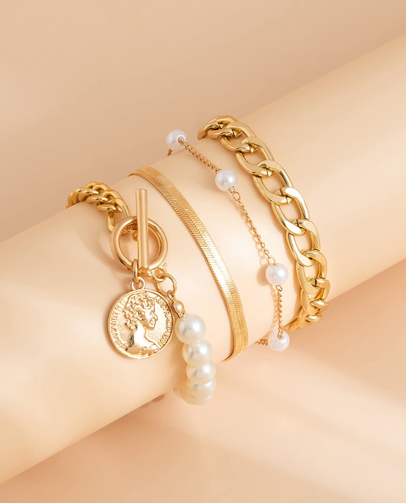 FUTIMELY Gold Pearl Bracelet for Women,Layered Chain Link Pearl Stack Bracelet Set for Woman,Herringbone Paperclip Portrait Charming Bracelet Jewelry (XPearl - Image 4