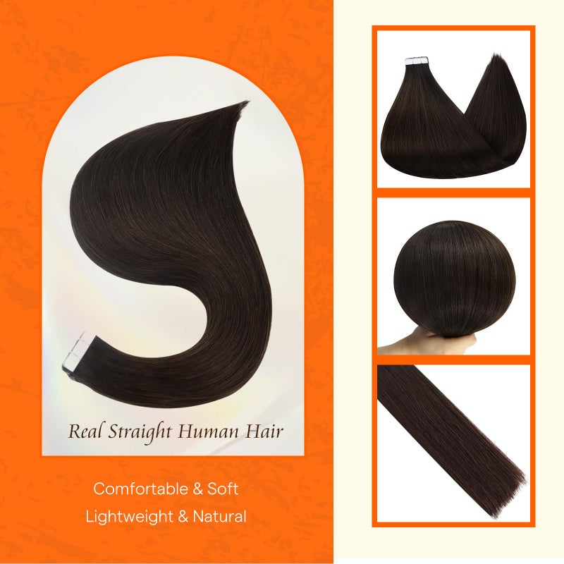 Fshine Full Shine Tape in Hair Extensions 12 Inch Color 2 Darkest Brown Straight Remy Double Side Tape Ins Human Hair Extensions 30 Grams Natural Invisible Brazilian Short Hair 20 PCS Add Volume - Image 2