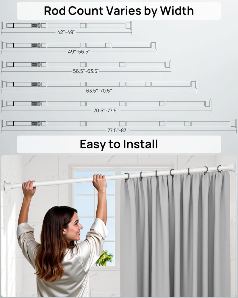 ALLZONE Shower Curtain Rod Tension No Drill, 42-83 Inches,Heavy Duty Tension Curtain Rod, Rustproof Shower Rods for Bathroom, Adjustable Spring Tension Rods for Windows,White - Image 2
