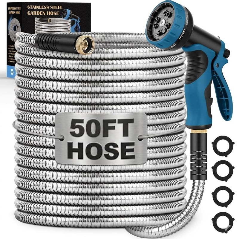 LINODI Metal Garden Hose, 50ft Stainless Steel Garden Hose â€“ 3/4" GHT Solid Brass Connectors â€“ Heavy Duty Flexible Metal Water Hose with 10-Way Spray Nozzle â€“ Kink-Free Watering Kit - Image 1