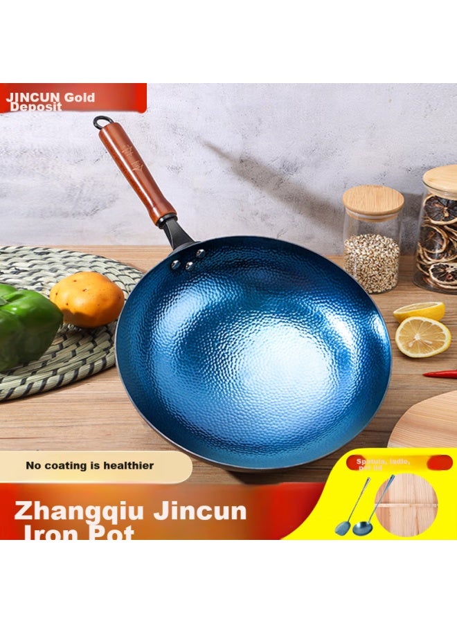 Gold Deposit Jin Cun Zhangqiu Wok Iron Pan Stir-fry Pan Round Bottom Household Non-coated Traditional Hammer-stamped Wooden Handle 34cm Pre-seasoned - Image 1