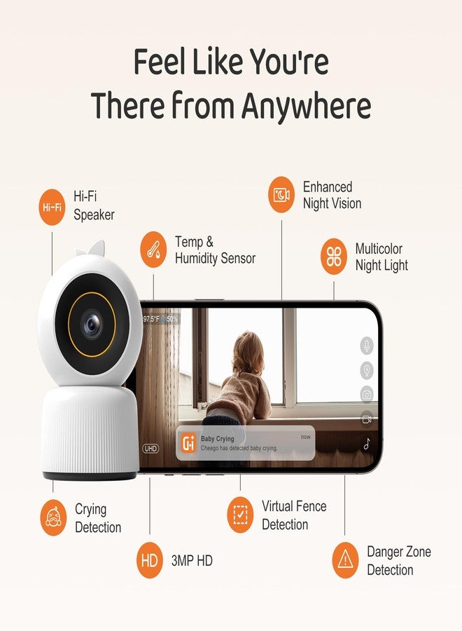 Cheego Orange 1296p HD Smart Baby Monitor with Camera and Audio, 2-Way Talk, Lullabies, Night Vision, Humidity & Temp, Multicolor Night Lamp, Includes SD Card, Free A.I. App, Secure Wi-Fi Video Camera - Image 2