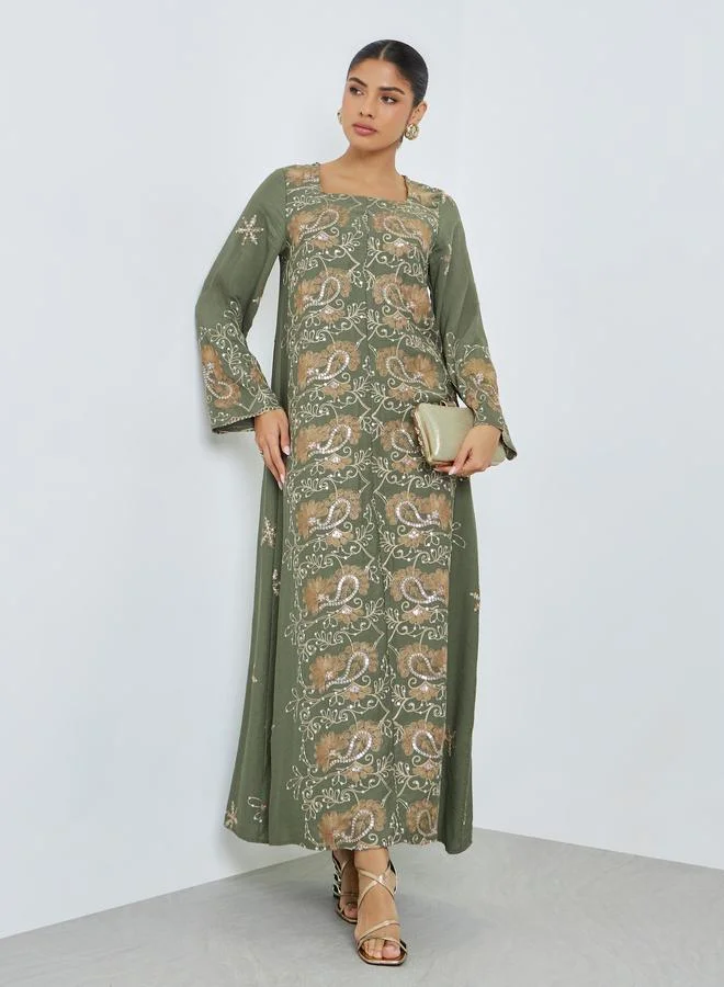 Amirah  Green Square Neck Embroidered Jalabiya for Women | Best Price UAE