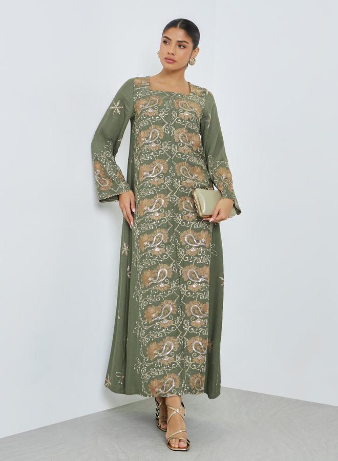 Amirah Green Square Neck Embroidered Jalabiya - Image 3