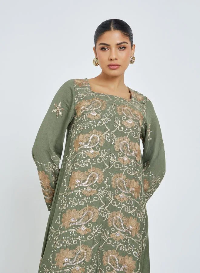Amirah Green Square Neck Embroidered Jalabiya