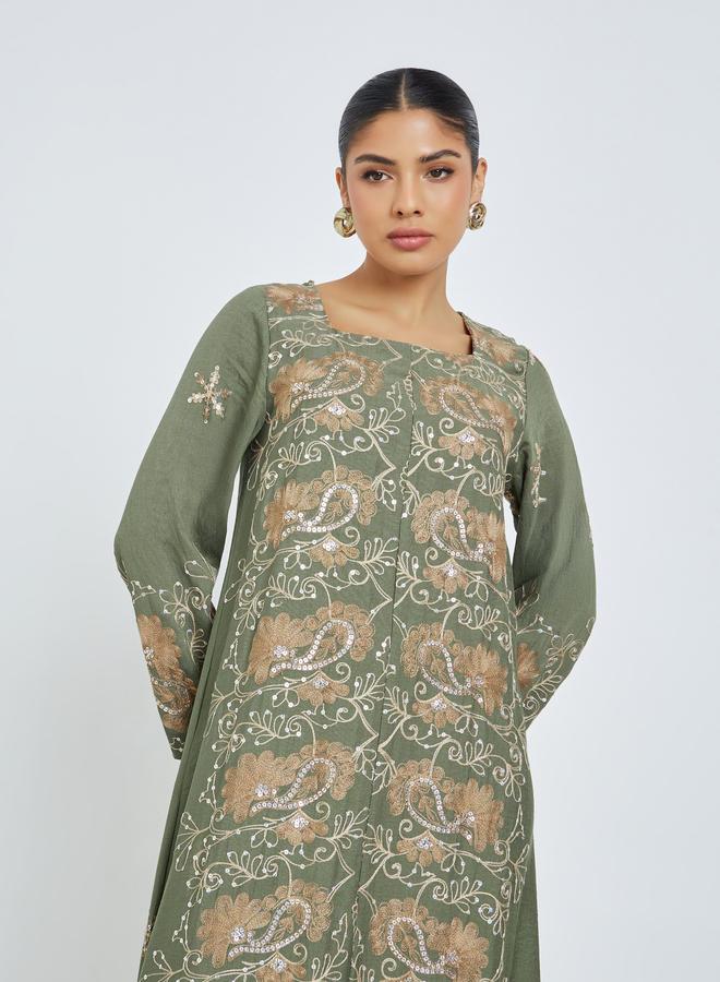 Amirah Green Square Neck Embroidered Jalabiya - Image 2