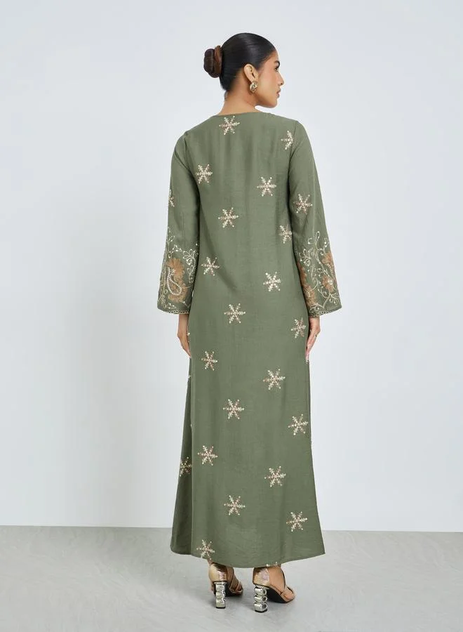 Amirah  Green Square Neck Embroidered Jalabiya for Women | Best Price UAE