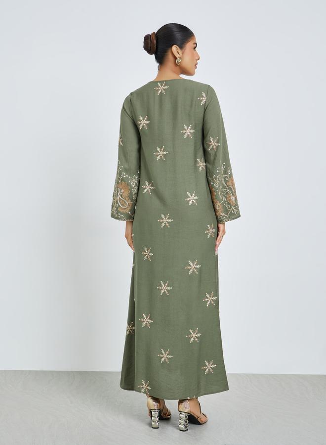 Amirah Green Square Neck Embroidered Jalabiya - Image 4