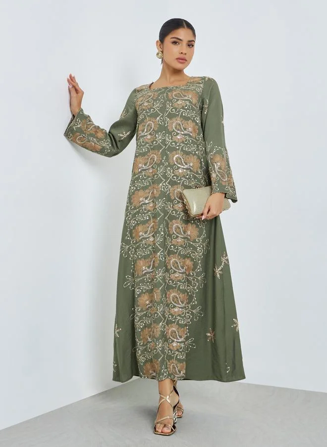 Amirah Green Square Neck Embroidered Jalabiya