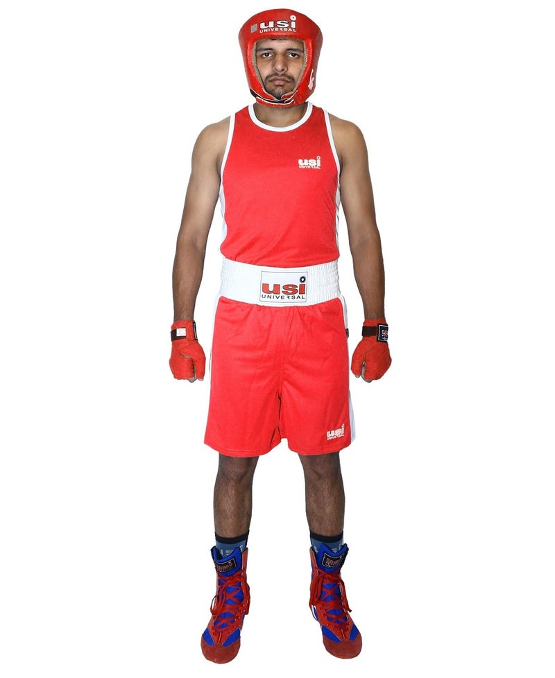 USI UNIVERSAL Boxing Dress for Men, Boxing Uniform Sleeveless Vest & Shorts Set, Boxing Dress for Training Punching, Sparring Fitness Gym Kickboxing Shorts Men (Red, Size 34) - Image 1