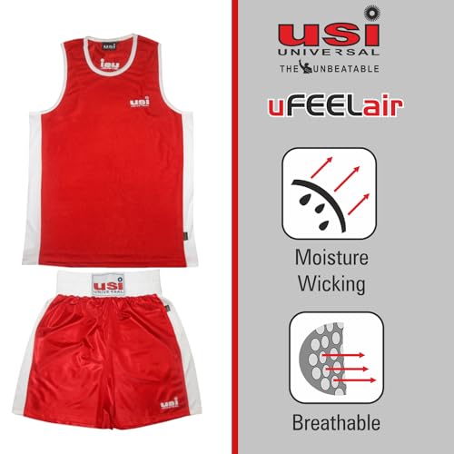 USI UNIVERSAL Boxing Dress for Men, Boxing Uniform Sleeveless Vest & Shorts Set, Boxing Dress for Training Punching, Sparring Fitness Gym Kickboxing Shorts Men (Red, Size 34) - Image 3